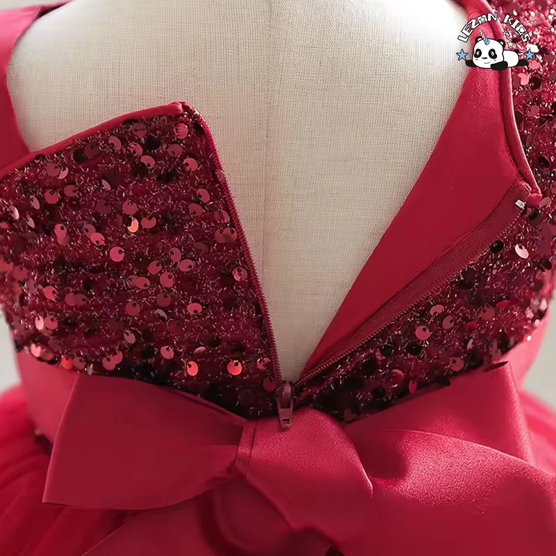 LEZONKIDS - Vestido Luxuoso Vermelho de Manga Curta com Lantejoulas para Meninas, para Casamento de Verão